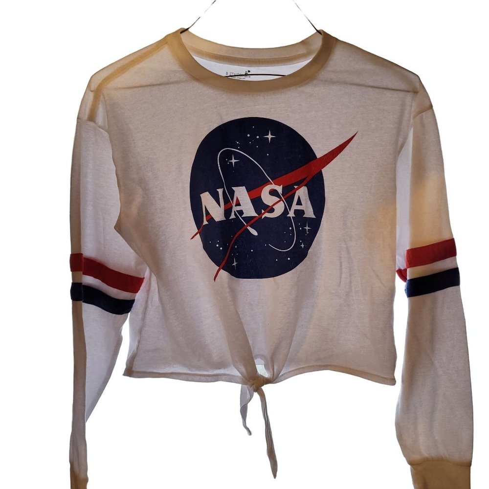 BuzzAldrin Women's Size Large Long Sleeve NASA Crop Top Red White Blue